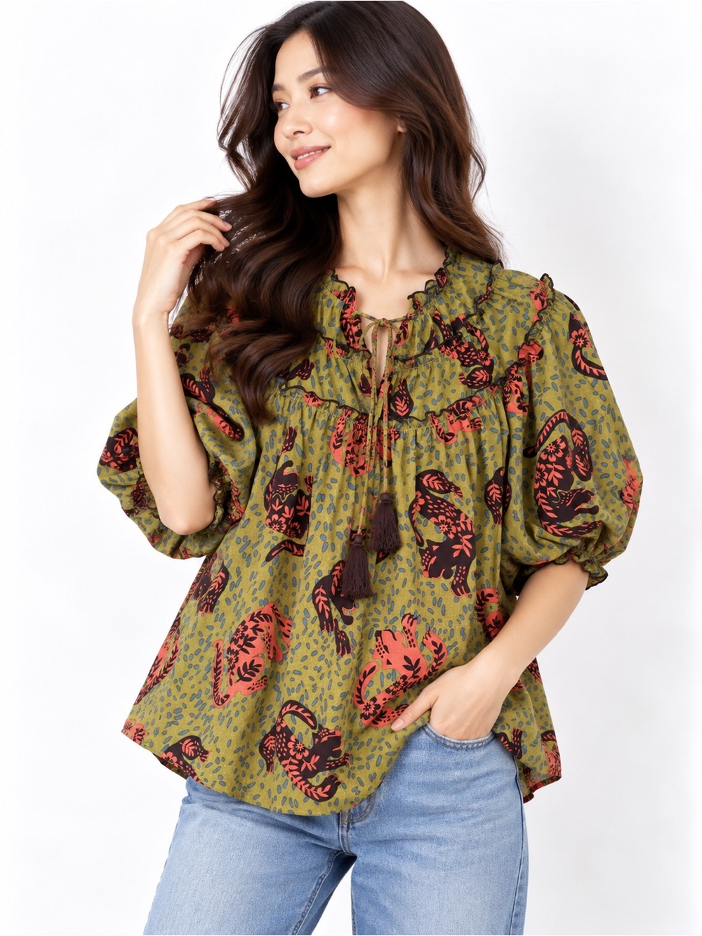 Easel Olive Animal Print Ruffle Boho Blouse Puff Sleeve Tassel Tie